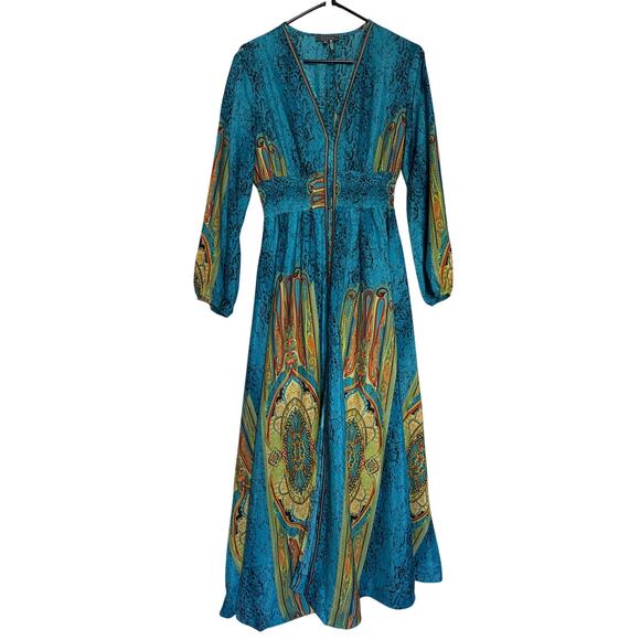 Gracia Maxi Dress Blue Green Smocked Waist Front Slit Boho Whimsical medium - Picture 4 of 16